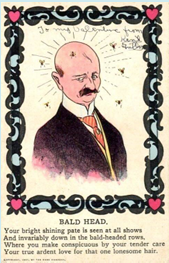 A Victorian Vinegar Valentine card of a sad man with a bald head.